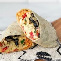 Vegan Breakfast Burrito · Scrambled vegan egg (Just Egg), warm black beans, scallions, pico de gallo, vegan chipotle a...