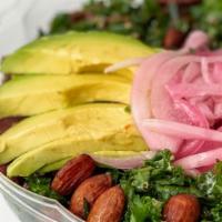 Summer Crunch Salad · Massaged kale, sliced avocado, tri-color quinoa, vegan ranch dressing, cumin roasted sweet p...