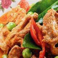 Panang Curry · Curry containing onion, bell pepper, basil and your choice of protein.