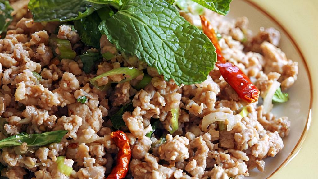Larb · Spicy. Larb is an originating dish from the Northeast (Isaan) region of Thailand and Laos. Minced chicken or beef or pork with lime juice, onion and hot chili pepper. Choice of beef, chicken or pork.