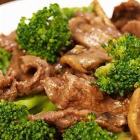 Beef Broccoli · Stir fried beef with garlic and broccoli.
