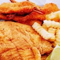 Shrimp (6) & Catfish (2) · Crispy fried jumbo shrimp and catfish fillet, served with two side dishes and a choice of br...
