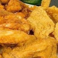 Fried Whiting (2) & Chicken Wings (3) · Crispy fried whiting fillet and chicken wings, served with two side dishes and a choice of b...