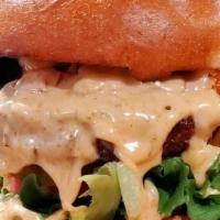 Queso Burger · beef burger patty, fried habanero, house made queso, mix greens, tomato,  red onion on warm ...