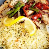 Chicken Kabob Dinner · free-range grilled chicken, broccoli, fire roasted peppers, onions, cilantro rice