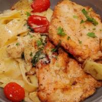 Chicken Carciofi · sautéed free-range chicken, artichokes, cherry tomatoes, in a light lemon cream sauce with a...