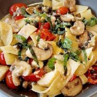 Pasta Ala  Noona · artichoke hearts sautéed in garlic butter with capers, mushrooms, tomatoes, basil, finished ...