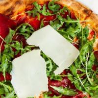 Bresaola Pizza · San Marzano tomato sauce, fresh mozzarella, arugula, beef bresaola carpaccio, and parmigiano...