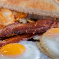 2 Eggs Platter · Two Eggs, Home Fries, Toast, and Your choice of Breakfast Meat.