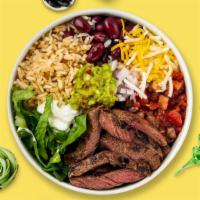 Steak Protein Bowl · Comes with rice, fresh spinach, orzo grains, boiled egg, beans, roasted cherry tomato, and r...