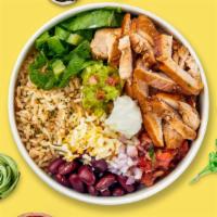 Chicken Protein Bowl · Comes with rice, fresh spinach, orzo grains, boiled egg, beans, roasted cherry tomato, and r...
