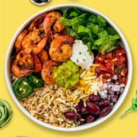 Shrimp Protein Bowl · Comes with rice, fresh spinach, orzo grains, boiled egg, beans, roasted cherry tomato, and r...