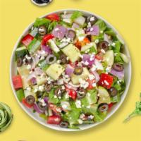 Greek Salad · Romaine lettuce, cucumbers, tomatoes, red onions, olives, and feta cheese tossed with balsam...