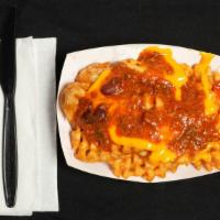 Waffle Fries Supreme · Topped with Chili and cheese.
