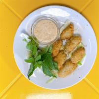 Fried Breaded Oysters With Kimchi Aioli (6) · Fried Oysters served with Kimchi Aioli sauce