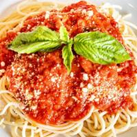 Spaghetti · Spaghetti topped with your choice of sauce served with a roll and butter.