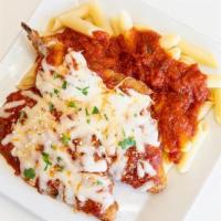 Chicken Parm Platter · Breaded Chicken Cutlet Topped with Red sauce and Mozzarella over pasta. Served with a Roll.