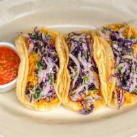 Chicken Tacos · Corn taco tortilla, chicken tinga, red cabbage, queso fresco, red sauce. Can be made gluten ...