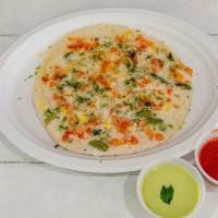 Uthappam · Red Onion Thick Rice Pancake topped with  vegetables , onion ,tomatoes (V/GF)