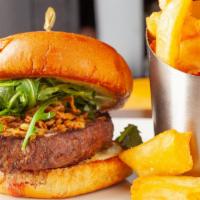 Black & Blue Burger · pink and black pepper-crusted, blue cheese fondue, crispy shallots
