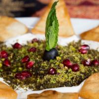 New Labnah Mix · Salt cream with thymin snd mint and olive oil and Pistachio and crispy pita .