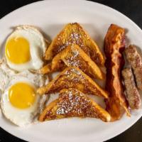 Hungry Jo’S · Two eggs any style, two French toast or two pancakes, two bacon and two sausages.