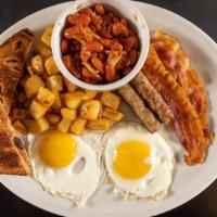 New England Breakfast  · Two eggs, home fries, our homemade baked beans, two bacon, two sausage, and toast.