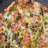 Portuguese · Ham, chicken, onions, tomatoes, green peppers, corn, hearts of palm, green olives and extra ...