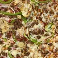 Sal'S Special · Sal's onions, mushrooms, green peppers, ham, salami, hamburger, roni and extra cheese.