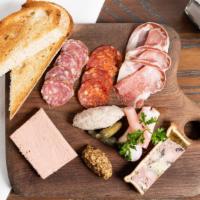 Charcuterie Board · Pâté en Croûte, chicken liver mousse, pork rillettes, Saucisson Sec, Coppa, Cornichon, musta...