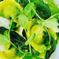 Pea & Mint Cappelacci · Ricotta Salata, Beurre Blanc, Fine Herbs