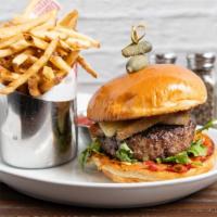 The Frenchie Burger · 8 oz beef pattie, raclette cheese, tomato-onion compote, pommes frites, confit pork belly (o...