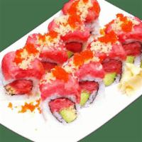 Double Spicy Tuna Roll · Spicy tuna, tempura flakes, tobiko, avocado and scallions inside, topped with spicy tuna, te...