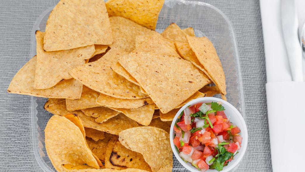 Chips With Fresh Pico De Gallo · Medium. Chips with tomatoes, onions, jalapeño and cilantro.