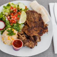Carne Asada Steak Plater · Served with white rice cooked with sweet corn, lettuce, pico de gallo, black beans and hot s...