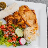 Grill Chicken Plate · Grill chicken breast served with white rice cooked with sweet corn, lettuce, pico de gallo, ...