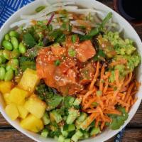 Salmon Mango Bowl · Your choice of white rice or mixed greens topped with Fresh Salmon, Mango, Cucumber, Daikon ...
