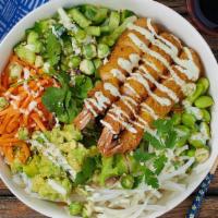 Crispy Wasabi Shrimp Bowl · Your choice of white rice or mixed greens topped with Crispy Panko Shrimp, Cucumber, Daikon ...