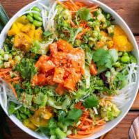 Ultimate Mango Salmon Bowl · Serves 2-4, your choice of white rice or mixed greens topped with Stonie size portions of Fr...