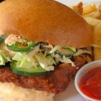 Bahn Mi Fried Chicken Sandwich · Buttermilk fried chicken, carrot, cilantro slaw, cucumber, jalapenos, sriracha mayonnaise, a...