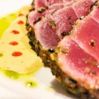 Tuna Tataki · Raw. Seared tuna with ponzu sauce.