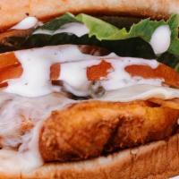 Vegan Chicken Bacon Ranch · Seitan chicken seasoned and prepared in house topped with smoked bacon. Served with lettuce,...