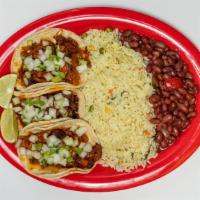 Combinacion De Tacos (3 Pieces) · Served with rice and beans.