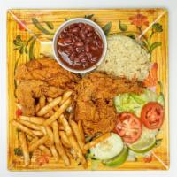 Pollo Frito · Fried chicken, served with rice, beans, salad and 2 tortillas.