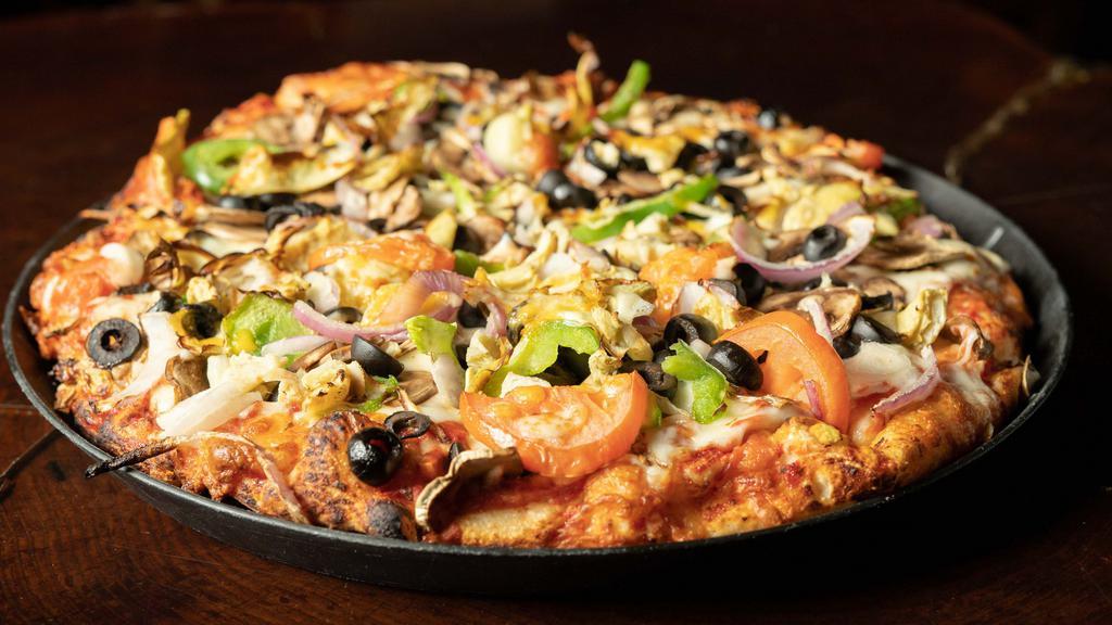 Veggie Pizza (Medium 16'') · A rich harvest of broccoli, green peppers, mushrooms, black olives, sweet onions & fresh tomatoes placed on top of a full half-pound of fresh mozzarella cheese.