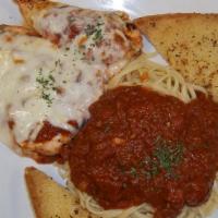 Chicken Parmesan · Over linguini with soup or salad and garlic bread.
