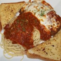 Eggplant Parmesan · Over linguini with soup or salad and garlic bread.