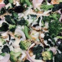 Veggie Pizza · Mushrooms, green peppers, broccoli, onions, black olives, and spinach.