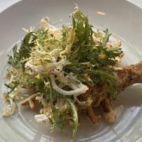 Confit Fried Chicken · scallion waffle, honey chili drizzle, herb salad.