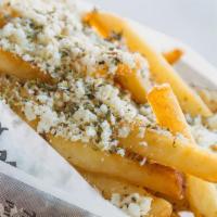 Greek Fries · Skin-on golden fries topped with crumbled feta cheese and oregano.